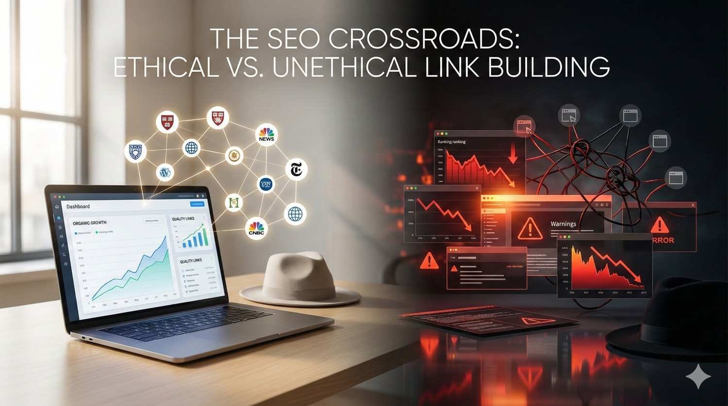 Image titled “The SEO Crossroads: Ethical vs. Unethical Link Building.” Left side shows a laptop with rising organic growth and trusted site logos. Right side displays red warning screens, declining graphs, tangled links, and error alerts, illustrating the contrast between sustainable SEO practices and risky tactics.