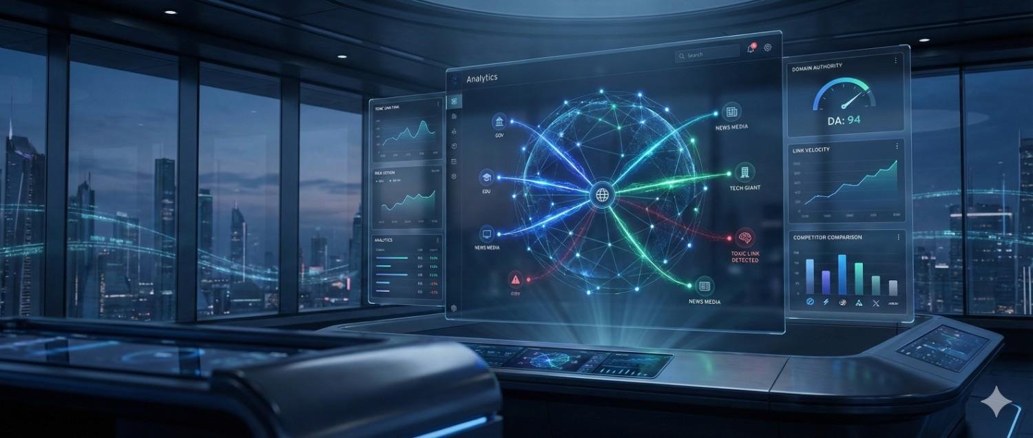 High-tech control room overlooking a nighttime city skyline, with curved glass displays showing analytics dashboards, a glowing backlink network map, domain authority score, traffic velocity graphs, and competitor comparisons, all rendered in neon blue and green futuristic interface styles.