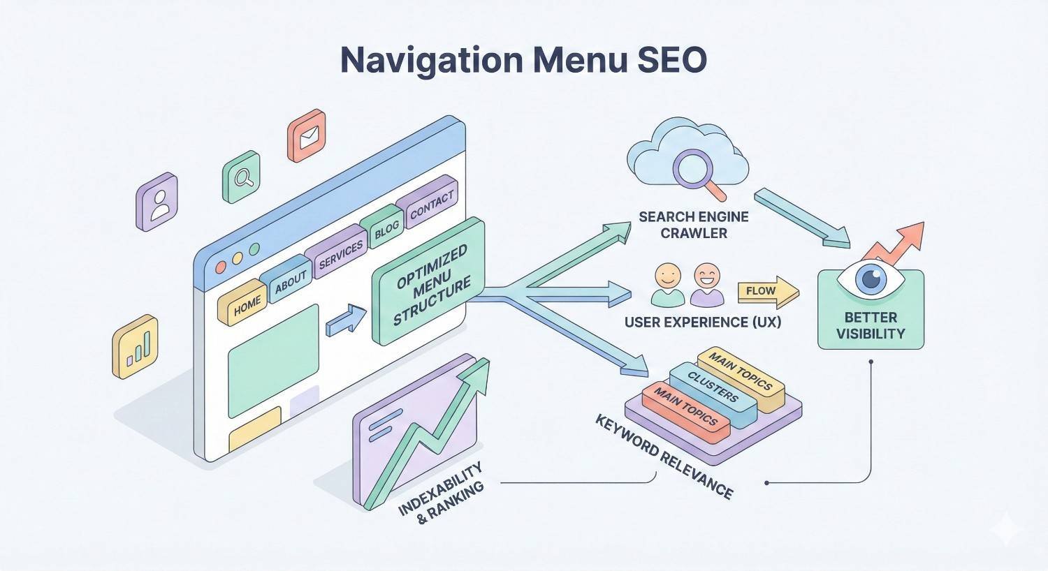 Infographic titled “Navigation Menu SEO” showing an optimized menu structure with Home, About, Services, Blog, and Contact. Arrows connect to search engine crawler, user experience, keyword relevance, and main topic clusters, leading to better visibility, indexability, and higher search rankings.