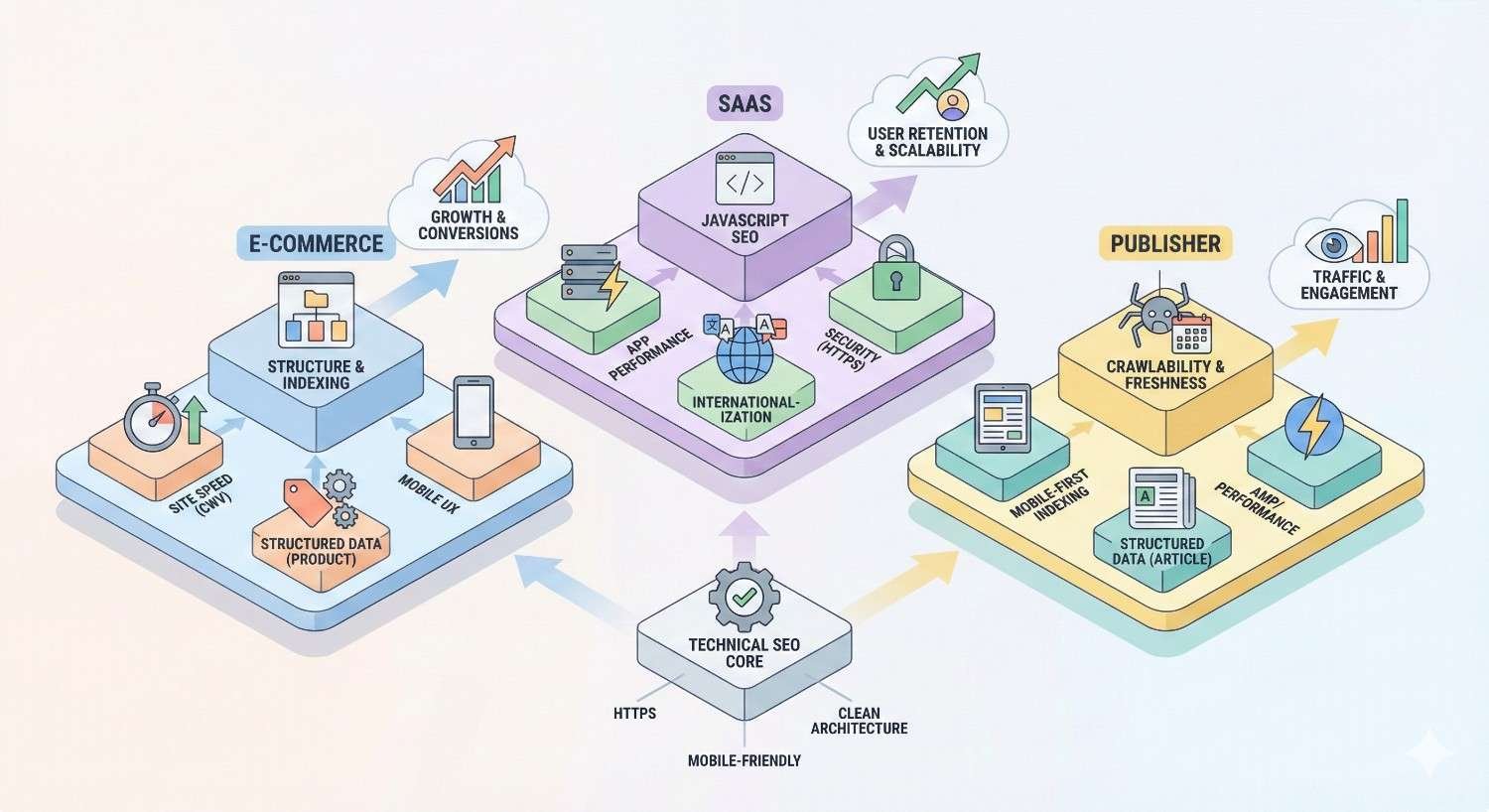 Illustration showing technical SEO priorities by business type: e-commerce focuses on site speed, structure, mobile UX, and product structured data; SaaS emphasizes JavaScript SEO, performance, security, and internationalization; publishers prioritize crawlability, freshness, mobile-first indexing, and article structured data, all built on a secure, mobile-friendly technical SEO core.