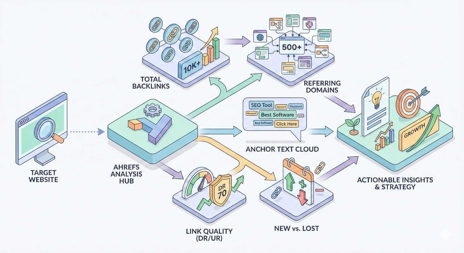 Diagram of an Ahrefs analysis hub linking a target website to metrics like total backlinks, referring domains, anchor text cloud, link quality, and new versus lost links, with arrows flowing toward actionable SEO insights and growth targets shown by charts, plants, and bullseye icons.