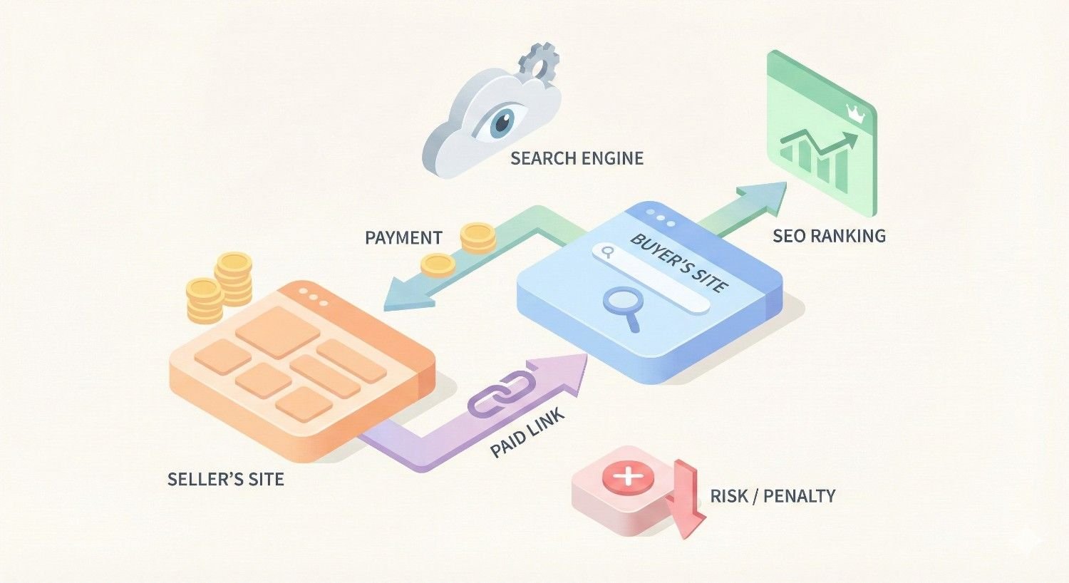 Infographic illustrating paid link schemes: a seller’s site receives payment, sends a paid backlink to a buyer’s site, which connects to a search engine and SEO ranking, alongside warning icons for risk and penalties from manipulative link practices.