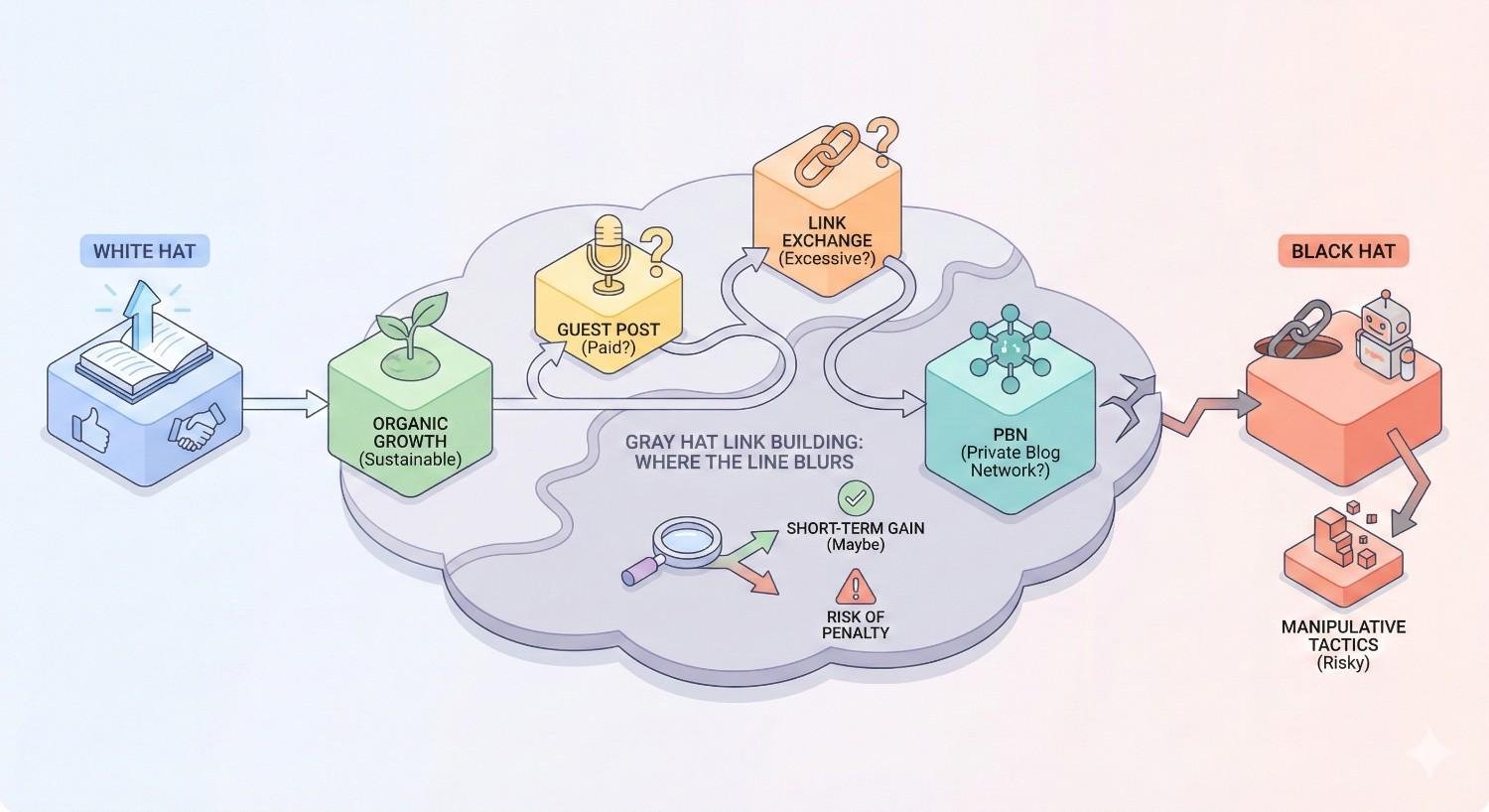 Infographic comparing white hat, gray hat, and black hat link building. White hat shows organic, sustainable growth. Gray hat includes paid guest posts, link exchanges, and PBNs with short-term gains and penalty risks. Black hat highlights manipulative tactics leading to higher risk and potential penalties.