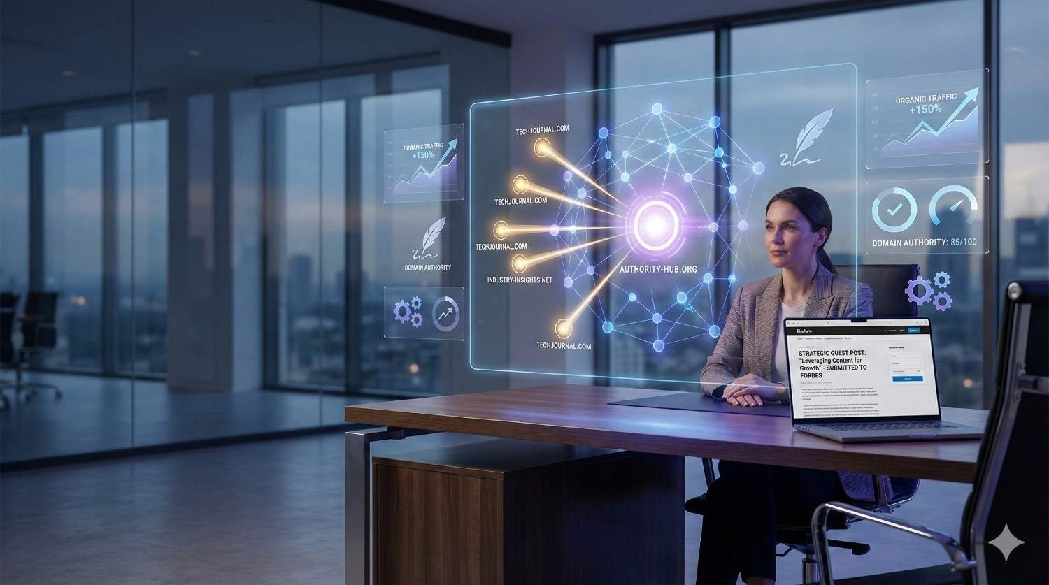 A professional woman sits at a desk in a modern office with a laptop, while a holographic display shows an “Authority Hub” network map connecting multiple domains. Floating panels highlight organic traffic growth and domain authority metrics, illustrating strategic link-building and SEO performance analysis.