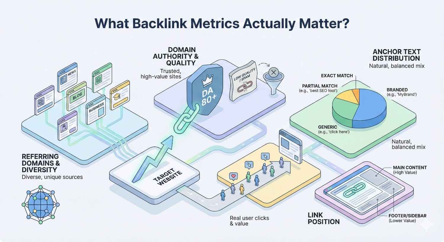 Infographic titled “What Backlink Metrics Actually Matter?” showing referring domain diversity, domain authority and quality, anchor text distribution, link position, and user value, with icons, charts, chains, funnels, and arrows pointing toward a target website and SEO performance.