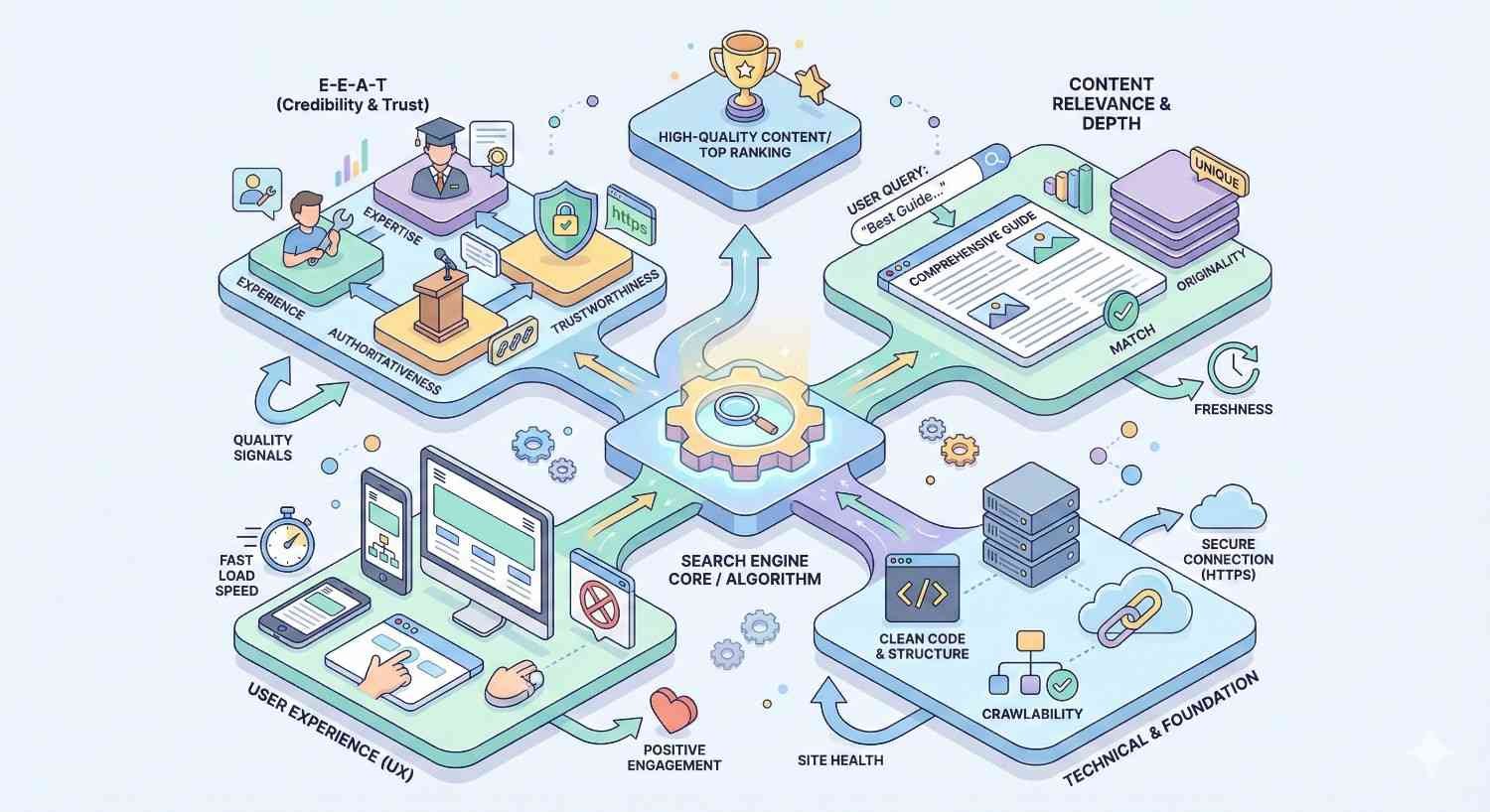Illustration showing how E-E-A-T, content relevance, user experience, and technical SEO feed into a central search-engine algorithm, leading to high-quality content and top rankings, with icons for originality, freshness, clean code, crawlability, fast loading, security, and positive engagement.