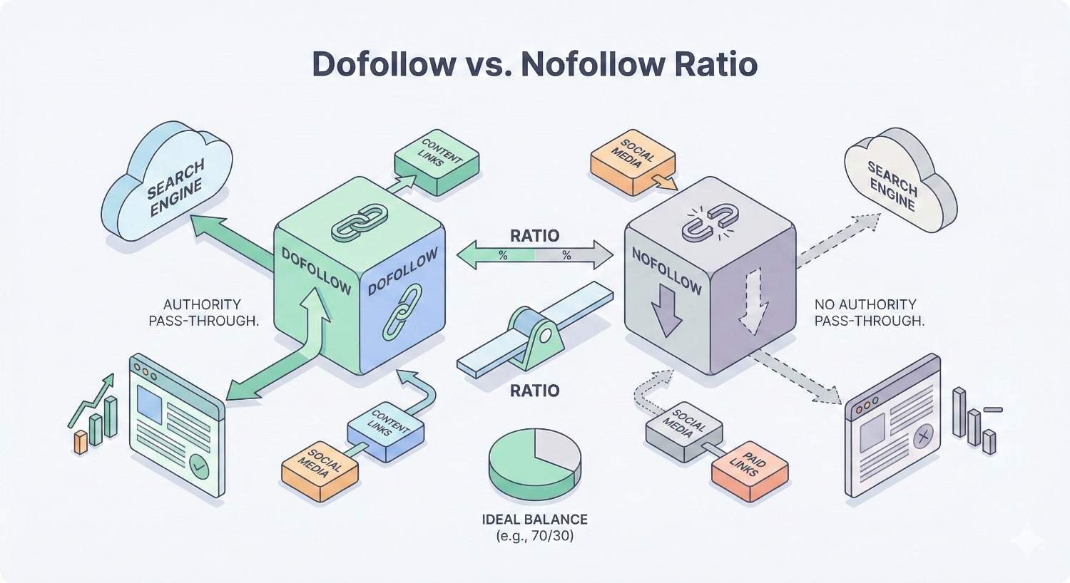 Infographic comparing dofollow and nofollow links, showing authority pass-through to search engines versus none, content and social sources, a ratio scale, and an ideal balance pie chart, with arrows illustrating how different link types affect SEO value and site performance.