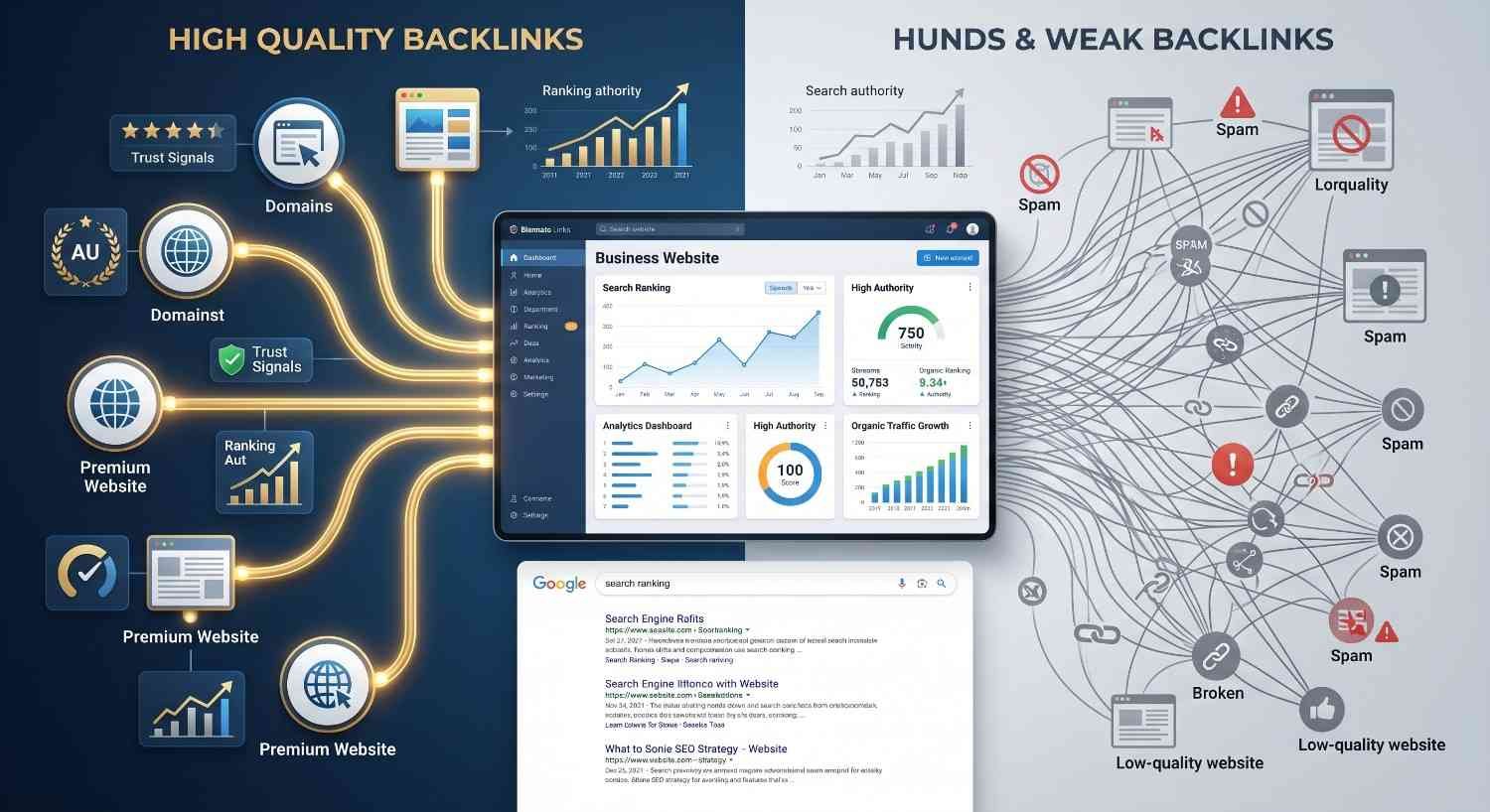 Comparison of high-quality backlinks versus spammy backlinks for SEO success. Visual demonstrates how authoritative websites, trust signals, and premium backlinks improve domain authority, search rankings, and organic traffic, while low-quality links, link spam, and toxic backlinks harm website credibility, visibility, and long-term SEO performance.