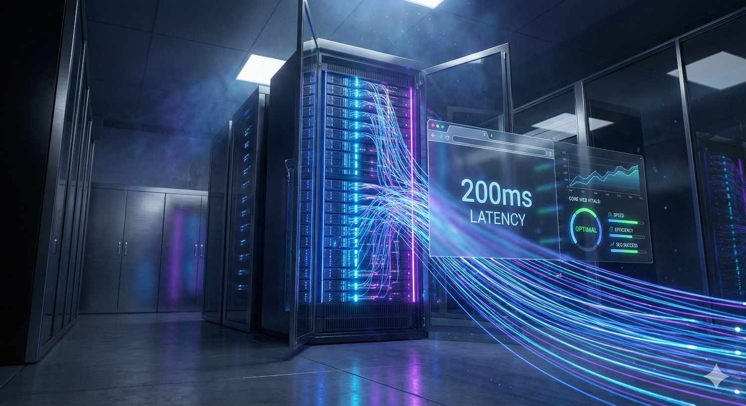 Modern data center with open server rack glowing in blue and purple lights. Streams of digital data flow outward to a floating dashboard displaying “200ms latency” and performance metrics, illustrating network speed, server response time, and optimized infrastructure monitoring.