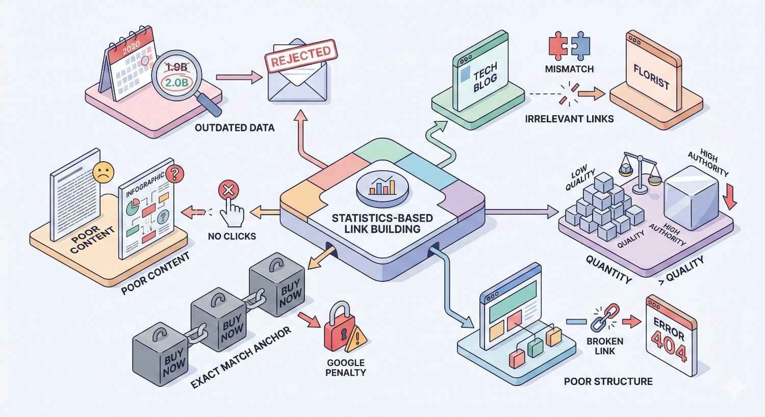 Infographic highlighting common mistakes in statistics-based link building: outdated data, poor content, no clicks, irrelevant links, quantity over quality, exact-match anchors, Google penalties, poor site structure, and broken links. Central diagram shows how these issues negatively impact SEO performance and authority.
