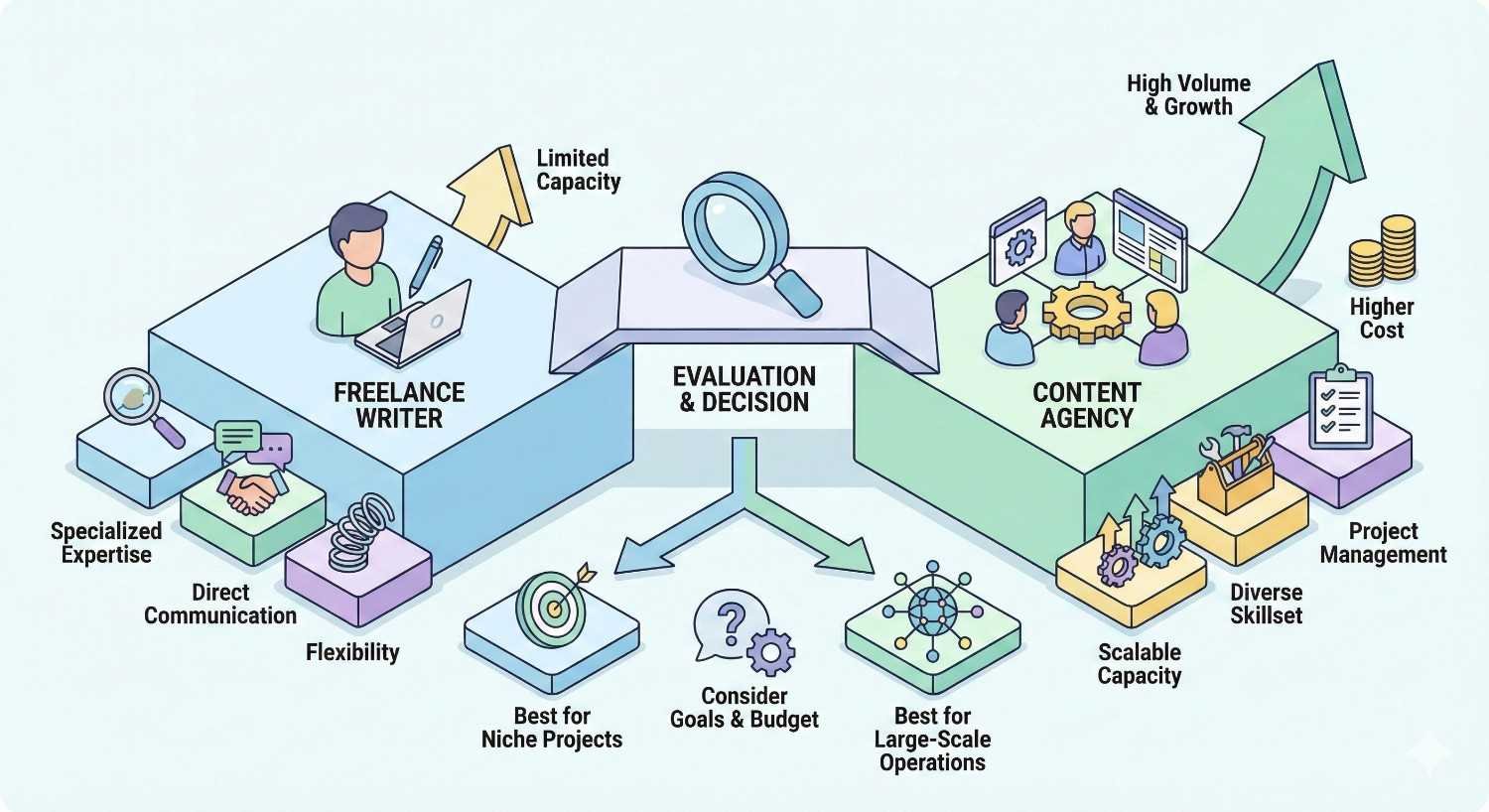 Comparison infographic showing a freelance writer versus a content agency, with an evaluation and decision center, highlighting freelance benefits like flexibility and specialized expertise, and agency strengths such as scalable capacity, project management, diverse skills, higher cost, and high-volume growth.