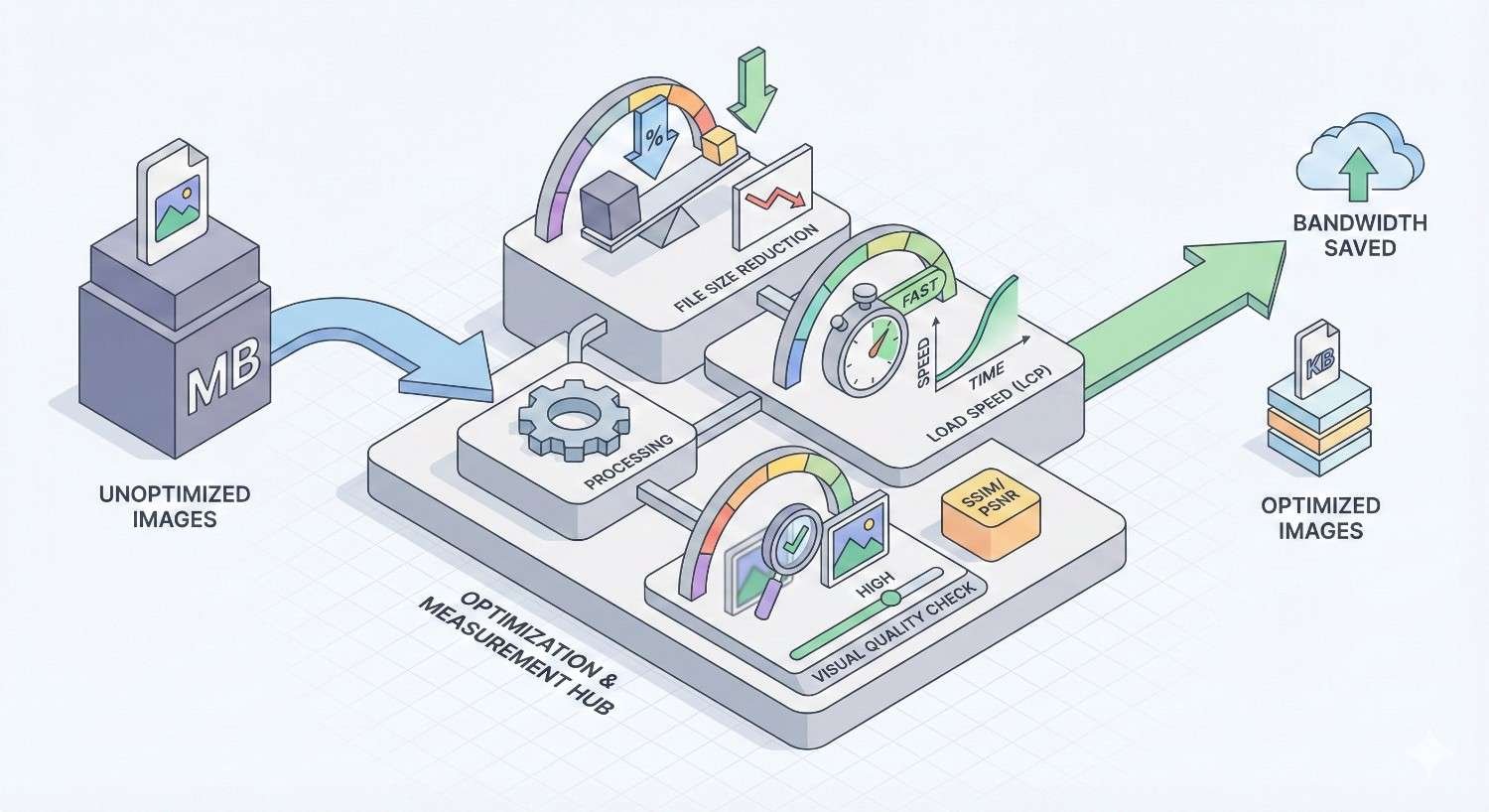 nfographic showing image optimization workflow: unoptimized images measured in MB enter processing hub for file size reduction, speed improvement, and visual quality checks. Gauges display faster load time and LCP gains, resulting in optimized images and bandwidth savings.