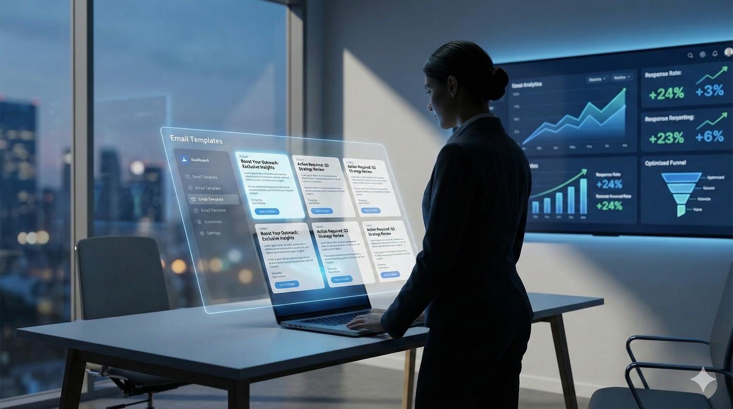 Businesswoman standing at a desk using a laptop with a transparent interface showing email templates, while large screens behind display rising analytics charts, response rates, and funnel metrics, suggesting marketing automation and performance tracking in a modern office at night.