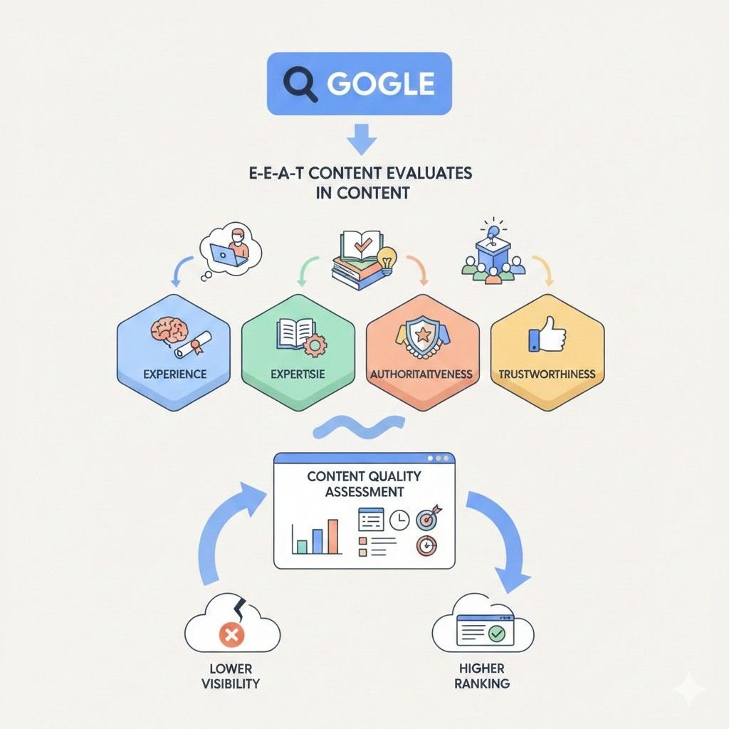 Infographic shows Google evaluating content using E-E-A-T—Experience, Expertise, Authoritativeness, and Trustworthiness—feeding into a content quality assessment that leads to either higher rankings or lower visibility in search results.