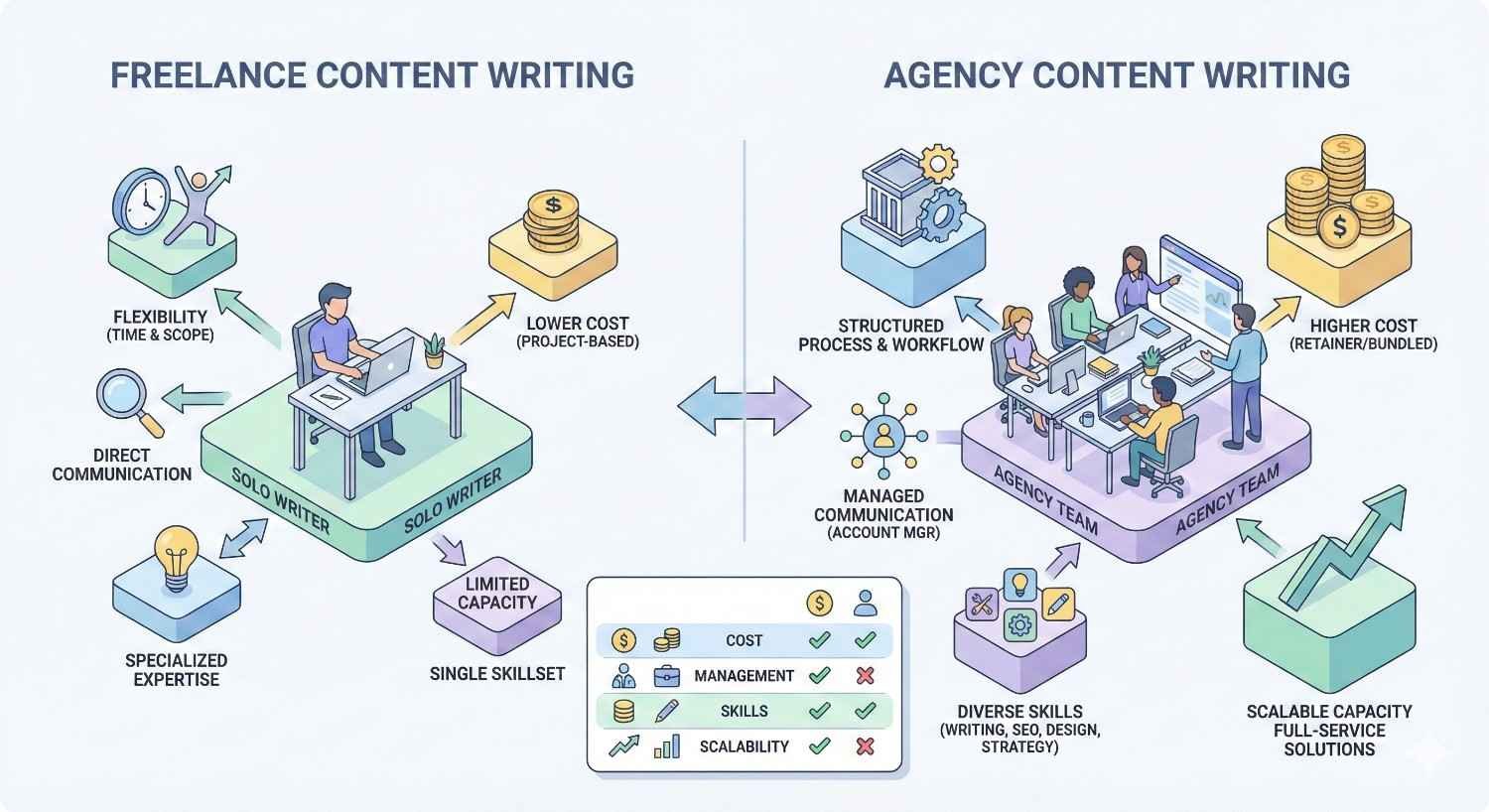 Comparison infographic showing freelance content writing with flexibility, direct communication, lower project cost, limited capacity, and solo skills versus agency content writing with structured workflows, managed communication, higher cost, diverse team skills, scalable capacity, and full-service solutions.