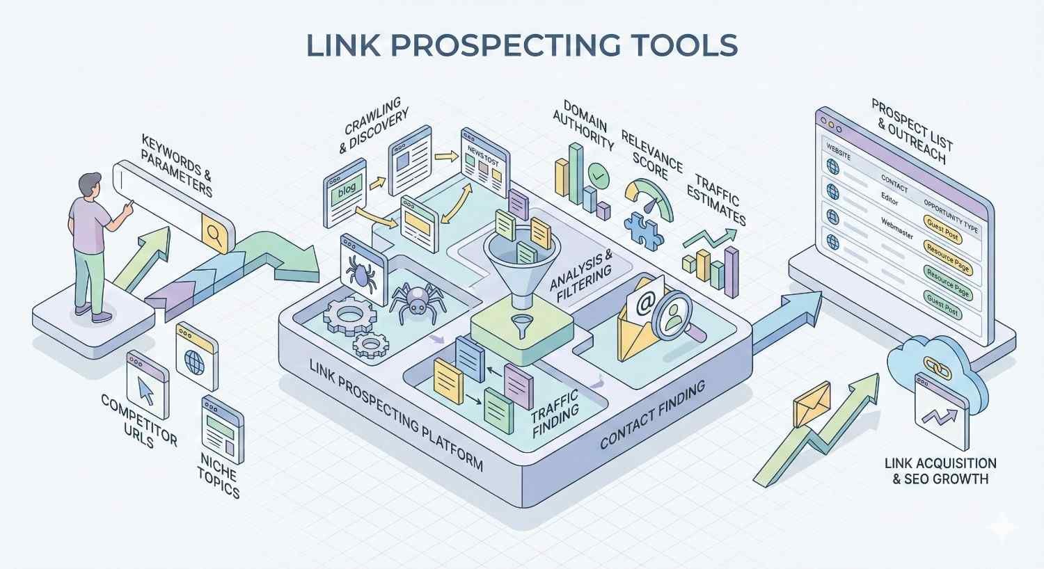 Infographic titled “Link Prospecting Tools” illustrating a workflow from keywords and competitor URLs through crawling, analysis, filtering, traffic and contact discovery, then prospect lists and outreach, ending with link acquisition and SEO growth, shown with charts, icons, arrows, and platform modules.