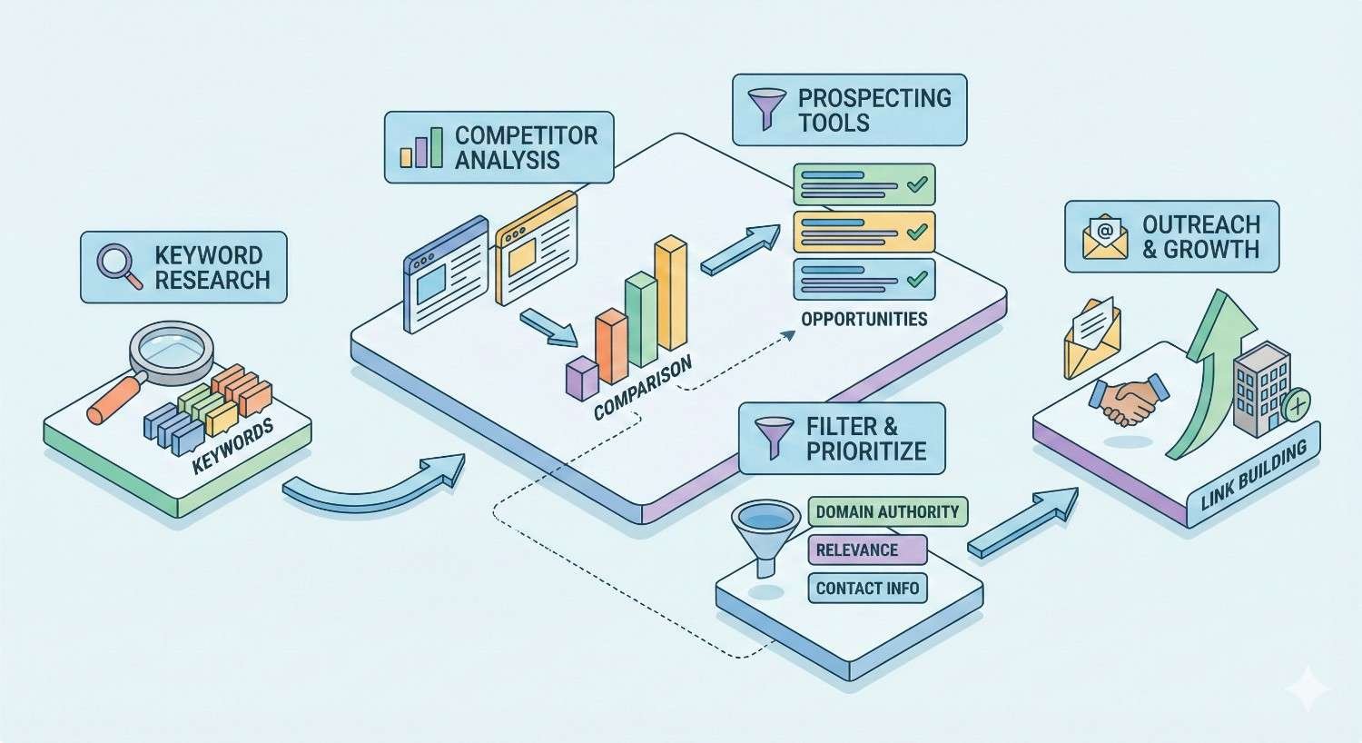 An infographic maps an SEO link-building process: keyword research flows into competitor analysis, prospecting tools, filtering and prioritizing by authority and relevance, then outreach and growth through link building, shown with charts, funnels, and directional arrows.