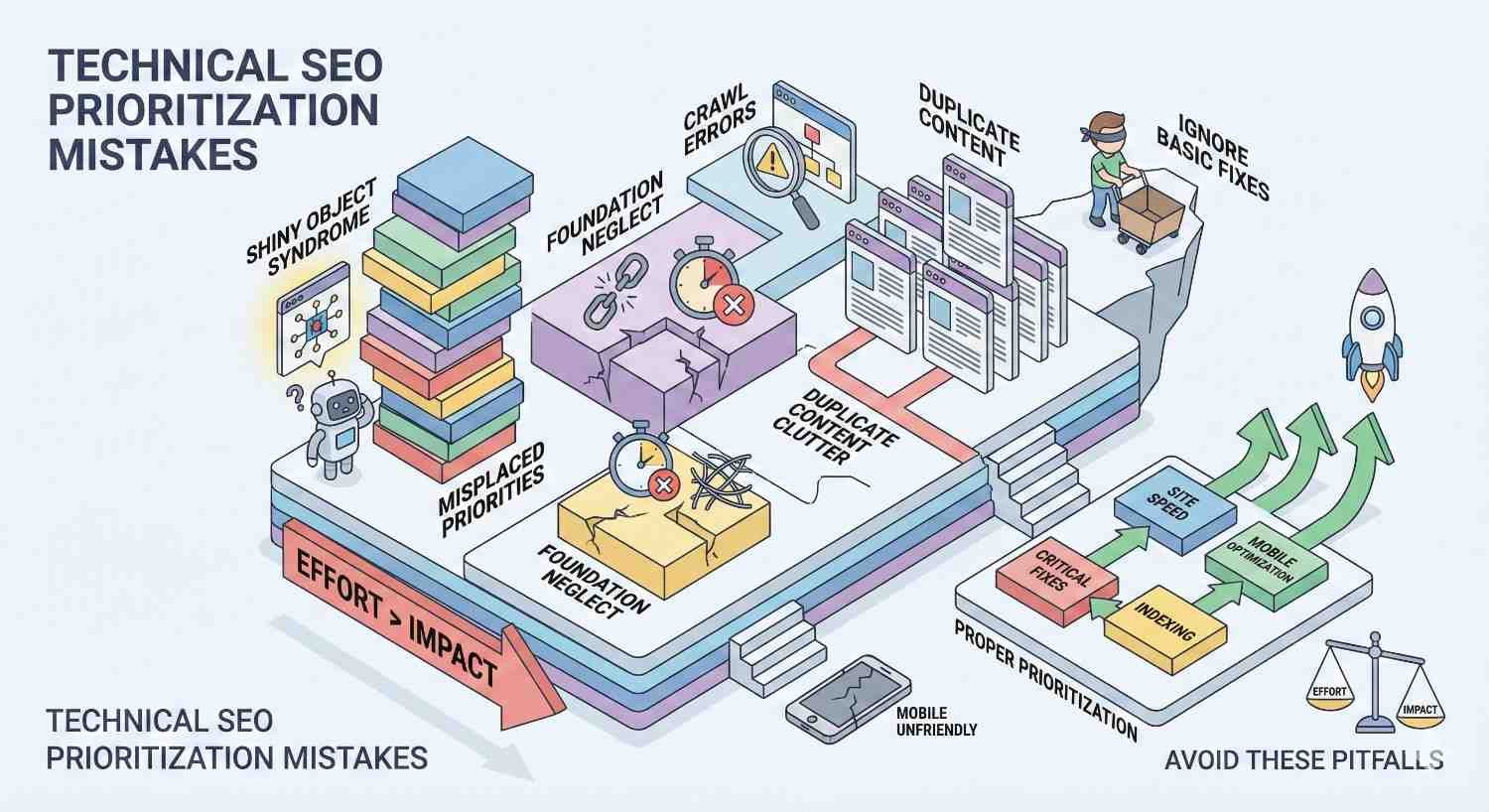 Diagram illustrating technical SEO prioritization mistakes, including shiny object syndrome, misplaced priorities, foundation neglect, crawl errors, duplicate content clutter, and ignoring basic fixes, contrasted with proper prioritization focused on critical fixes, indexing, site speed, mobile optimization, and high-impact efforts leading to better growth.