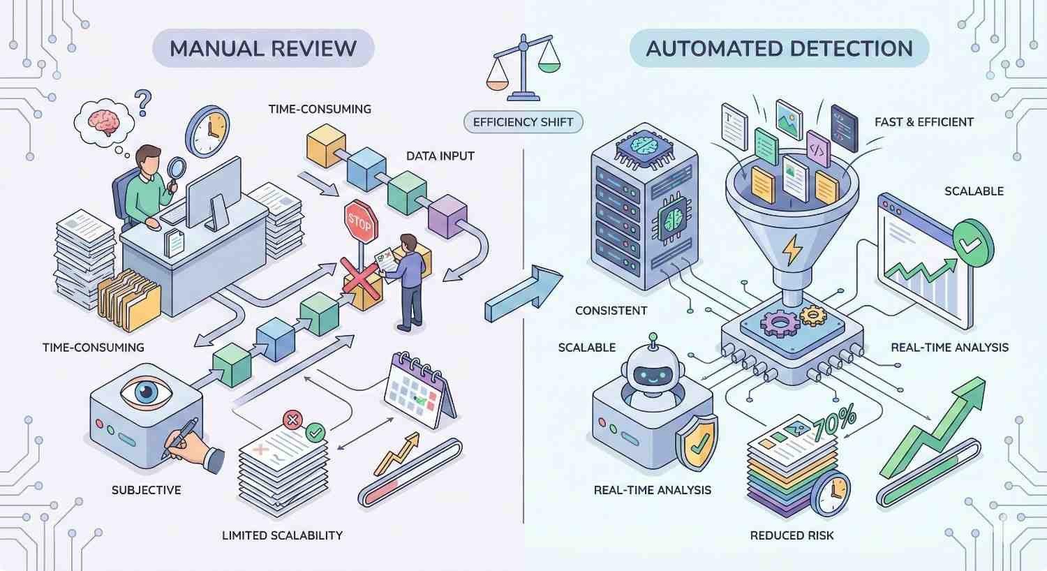 Split infographic comparing manual review and automated detection: manual side shows time-consuming, subjective work with limited scalability, while automated systems provide fast, consistent, real-time analysis, scalability, reduced risk, and improved efficiency using servers, funnels, charts, and robots.