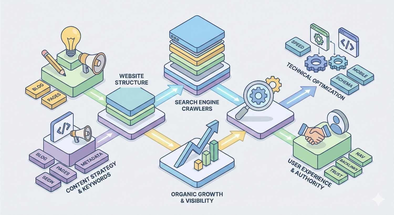 Isometric infographic showing SEO elements like content strategy and keywords, website structure, search engine crawlers, technical optimization, and user experience feeding into organic growth and visibility, with arrows, gears, charts, and icons for speed, mobile, schema, and trust.