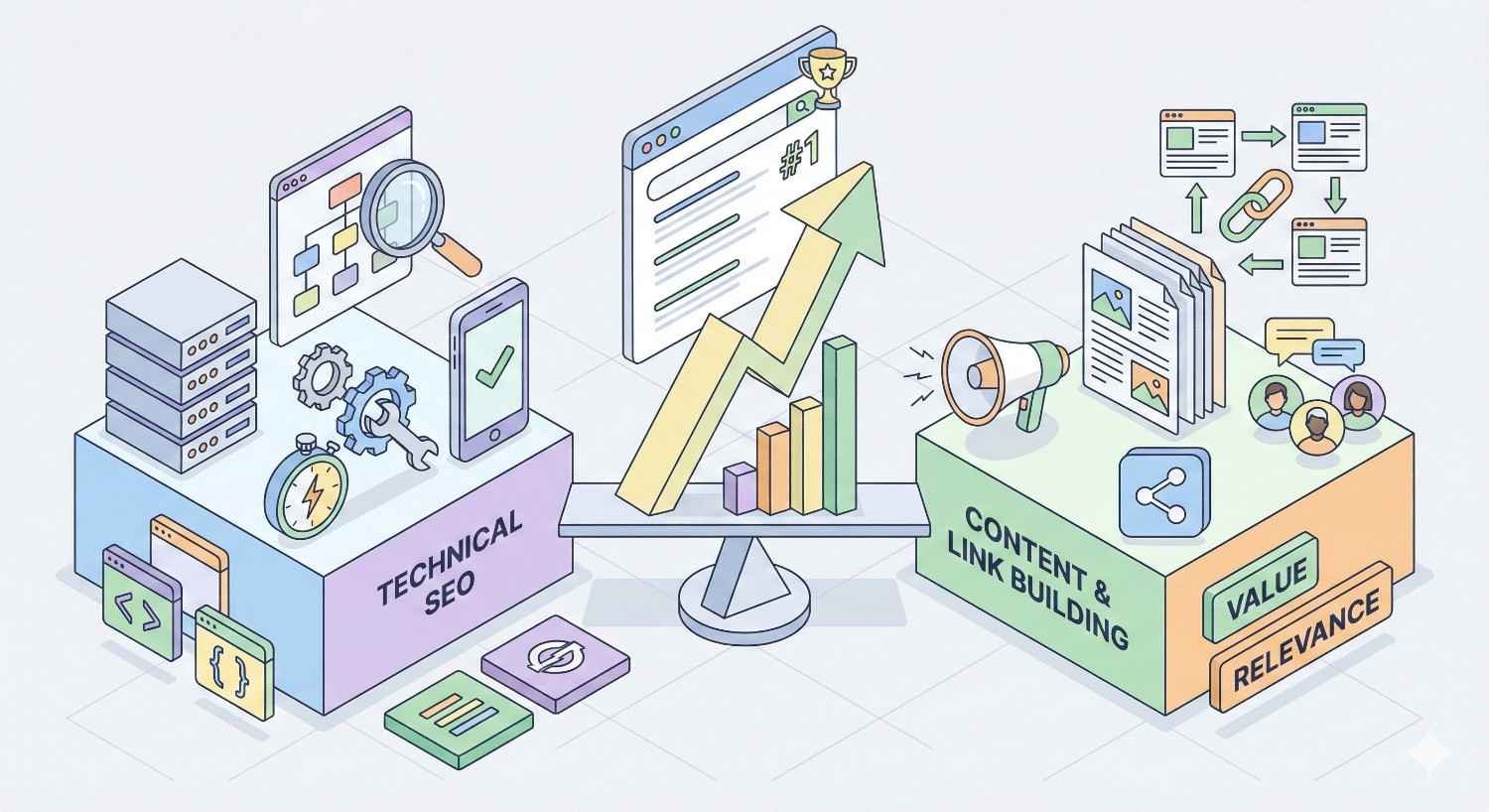 Isometric illustration comparing technical SEO and content plus link building, showing technical foundations, site structure, and performance tools balanced against content creation, outreach, and relevance, together driving higher rankings, authority, visibility, and overall SEO value.