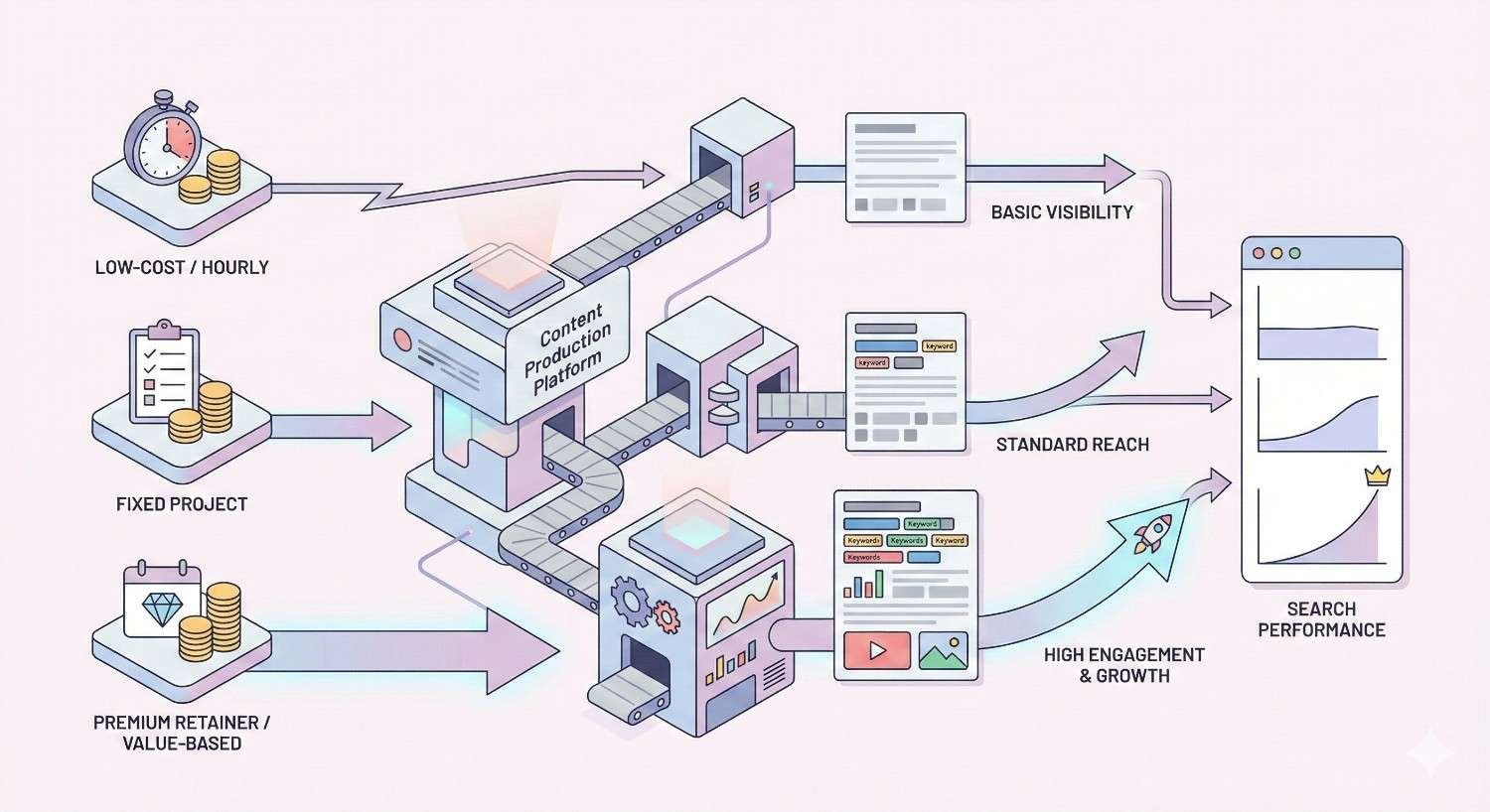 Infographic showing different pricing inputs—hourly, fixed project, and premium retainer—feeding a content production platform that outputs articles with basic visibility, standard reach, or high engagement, all leading to rising search performance charts.