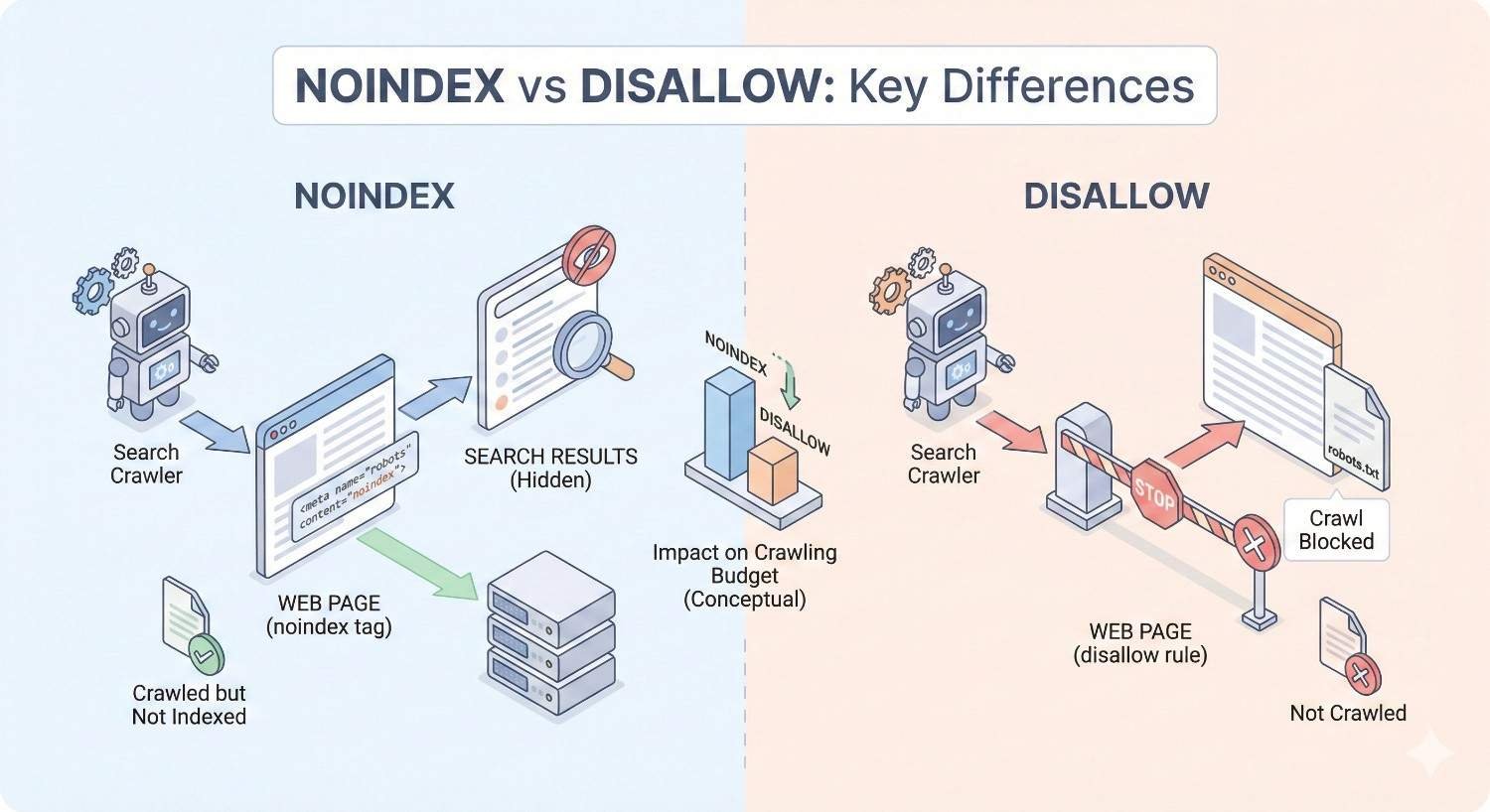 Comparison diagram of noindex vs disallow, showing noindex pages being crawled but hidden from search results, while disallow blocks crawling entirely, illustrating differences in indexing, crawl access, and impact on crawl budget for search engines.