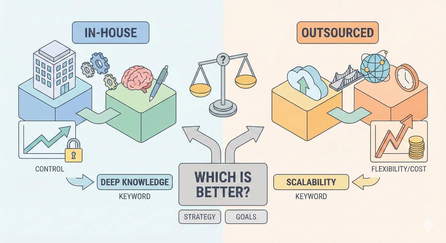 Split illustration comparing in-house versus outsourced teams, with icons for control and deep knowledge on the in-house side, and scalability plus flexibility or cost on the outsourced side, centered around a balance scale and the question “Which is better?” tied to strategy and goals.