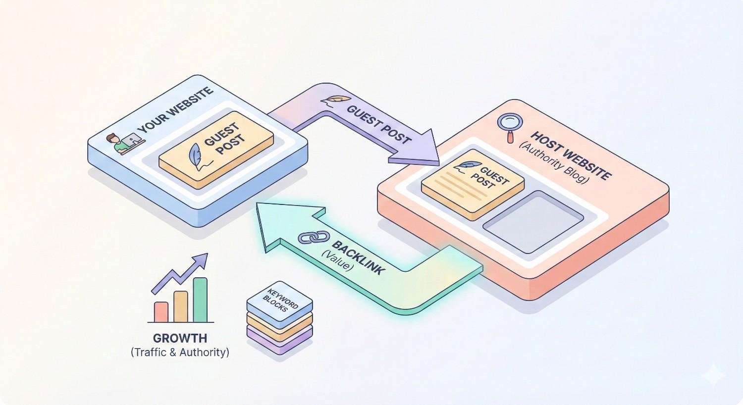 Infographic illustrating guest posting: a guest post is published on a host authority website, generating a valuable backlink to your website. Arrows show the link flow, leading to increased traffic and authority growth, represented by a rising bar chart.