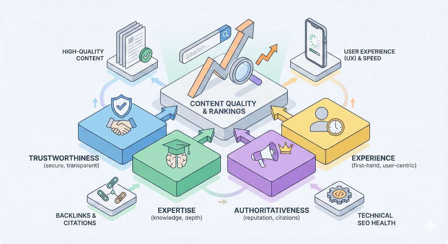 Illustration showing SEO factors around “Content Quality & Rankings,” including high-quality content, trustworthiness, expertise, authoritativeness, backlinks, technical SEO health, user experience and speed, and real-world experience, all connected with arrows and icons like charts, shields, phones, and megaphones.