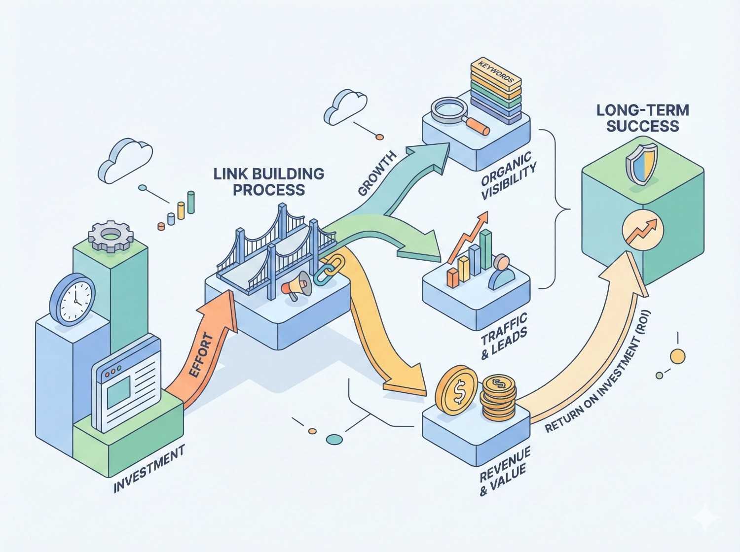 Infographic illustrating the link-building process: investment and effort lead to growth, organic visibility, and increased traffic and leads. These generate revenue and ROI, culminating in long-term success, shown through arrows connecting stages like keywords, analytics, coins, and a shield icon.
