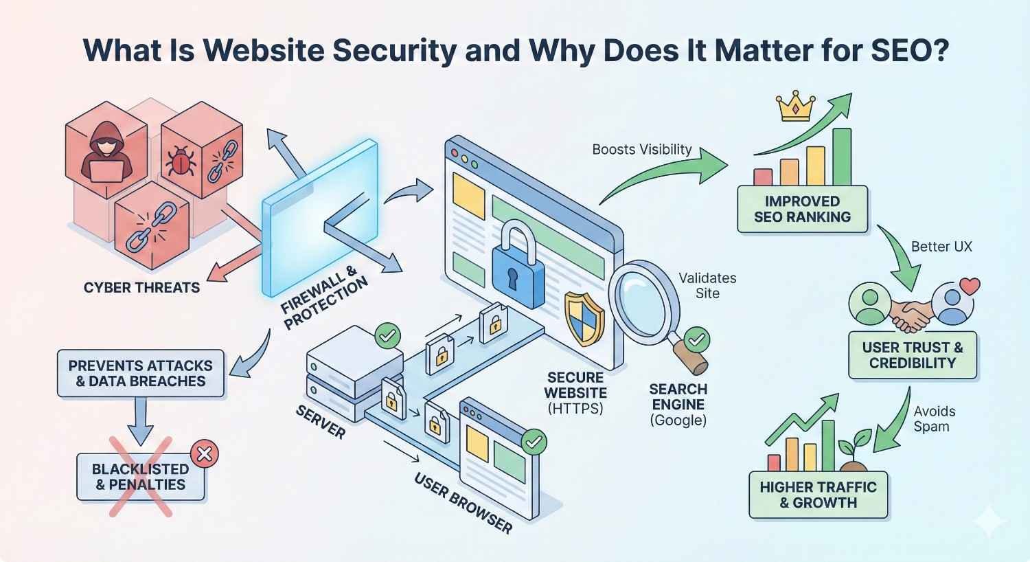 Infographic titled “What Is Website Security and Why Does It Matter for SEO?” showing cyber threats, firewall protection, and HTTPS secure website flow. It illustrates prevention of attacks, avoiding blacklisting, search engine validation, improved SEO ranking, user trust, better UX, and higher traffic growth through secure browsing.