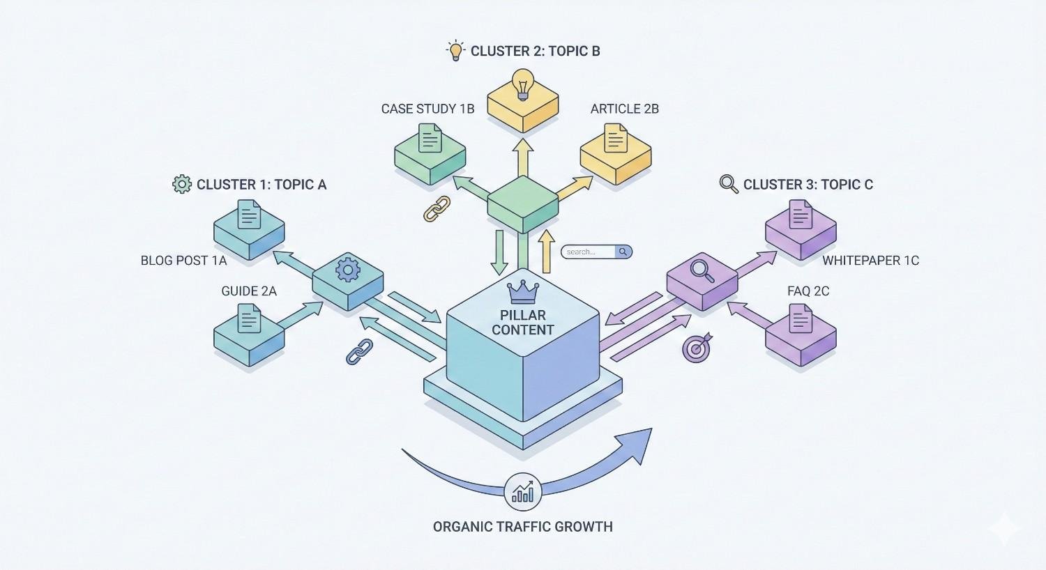 Diagram of a pillar content model showing a central “Pillar Content” block connected to three topic clusters (A, B, C). Each cluster links to supporting articles, guides, case studies, FAQs, and whitepapers, illustrating internal linking strategy and organic traffic growth through structured content marketing.
