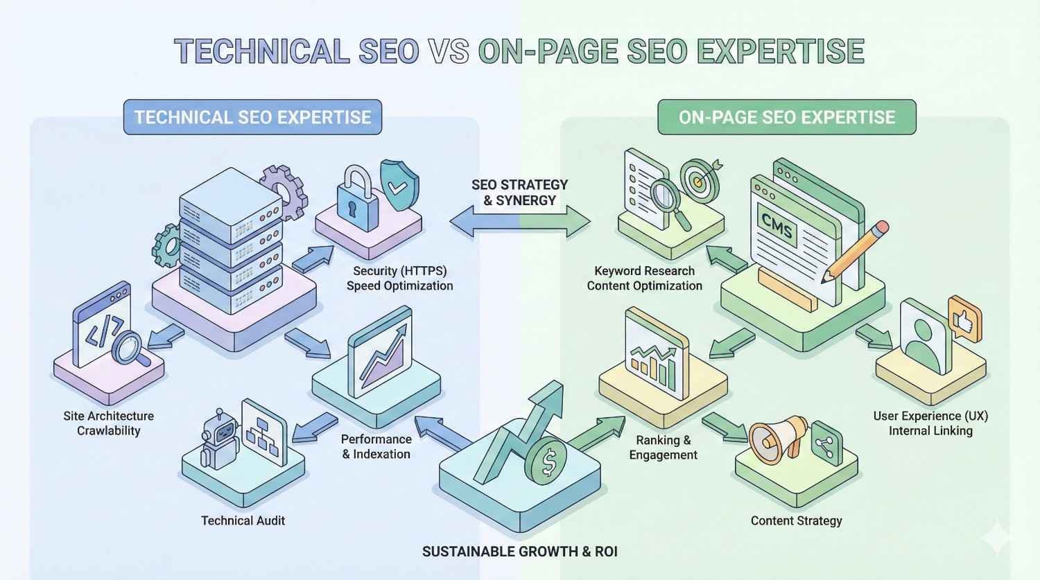 Isometric comparison of technical SEO and on-page SEO expertise, showing technical audits, site architecture, crawlability, security, speed, and indexing on one side, and keyword research, content optimization, UX, and internal linking on the other, working together to drive rankings, engagement, sustainable growth, and ROI.
