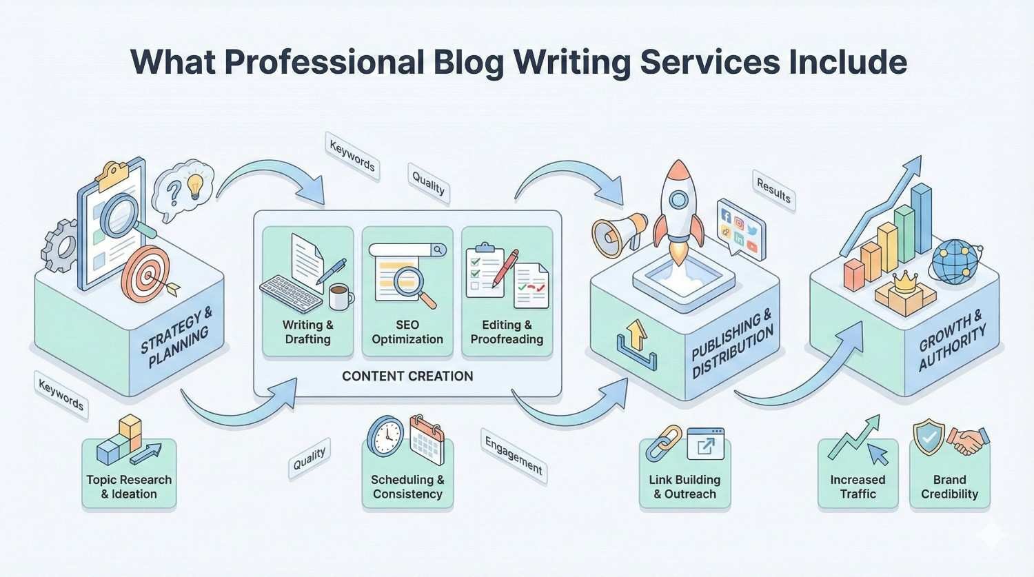 Infographic titled “What Professional Blog Writing Services Include” showing strategy and planning, topic research, writing and drafting, SEO optimization, editing, publishing and distribution, link building, scheduling, and results leading to growth, authority, increased traffic, and brand credibility.