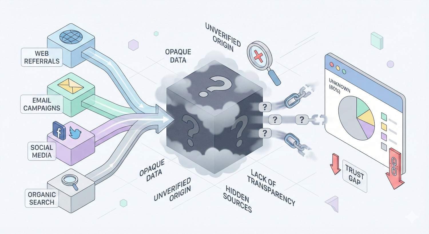Infographic illustrating opaque marketing data sources. Web referrals, email campaigns, social media, and organic search feed into a dark “unverified origin” box labeled opaque data. It highlights hidden sources, lack of transparency, and trust gaps, with analytics showing 60% unknown traffic and broken links.