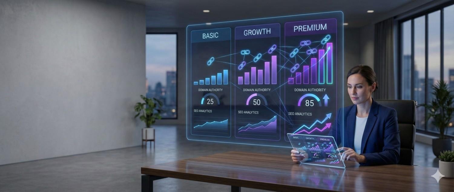 A businesswoman sits at a desk in a modern office, viewing a transparent digital display showing SEO plans labeled Basic, Growth, and Premium. The holographic charts highlight domain authority scores, analytics graphs, and backlink icons, illustrating performance growth across different service tiers.