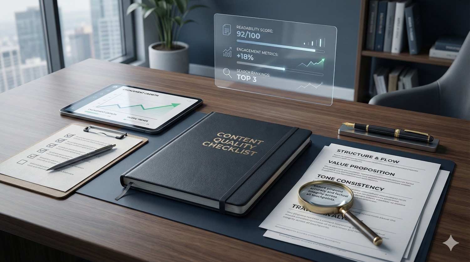 A desk scene shows a “Content Quality Checklist” notebook, printed review sheets, a magnifying glass, tablet with growth charts, and a floating dashboard displaying readability score, engagement metrics, and top search ranking, set in a modern office with bookshelves and city views.
