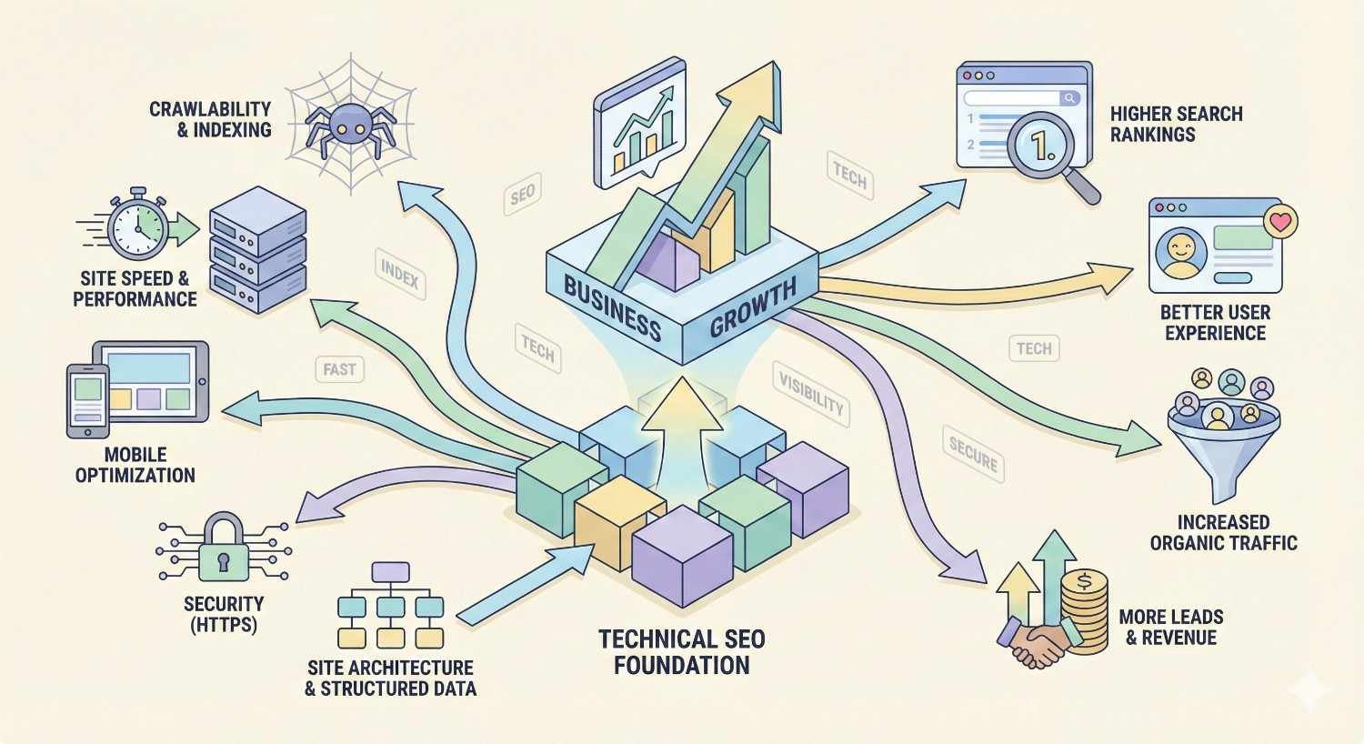Illustration showing how technical SEO foundations drive business growth, with elements like crawlability, indexing, site speed, mobile optimization, security, and site architecture feeding into higher search rankings, better user experience, increased organic traffic, and more leads and revenue.