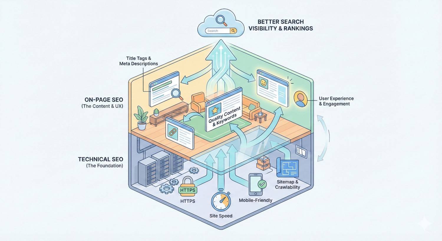 Isometric cutaway illustration showing technical SEO as the foundation and on-page SEO as the upper layer, with elements like HTTPS, site speed, mobile friendliness, sitemaps, content, keywords, and user experience working together to improve search visibility, rankings, and engagement.