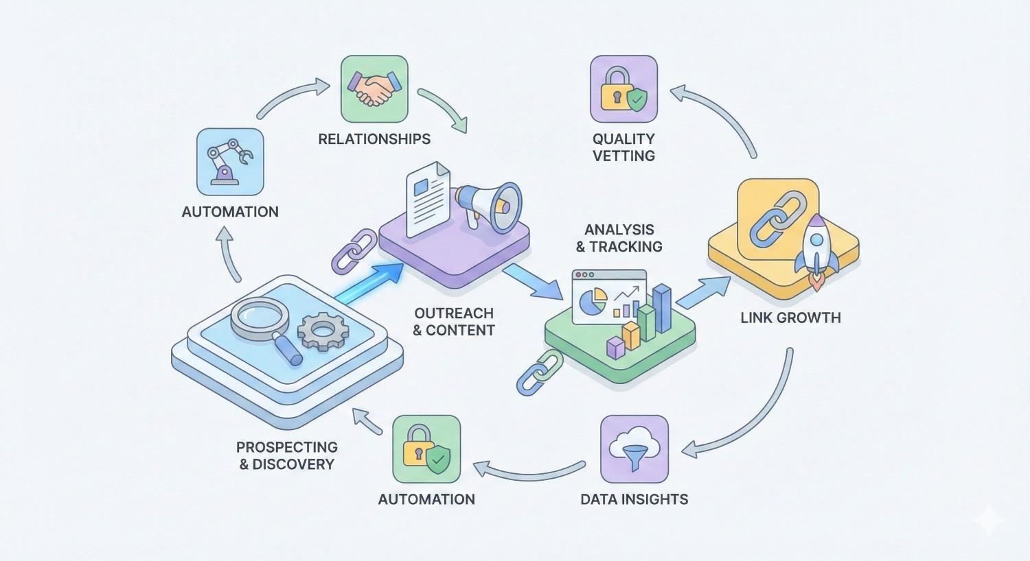 Circular infographic showing a link-building cycle: prospecting and discovery, outreach and content, analysis and tracking, link growth, data insights, quality vetting, relationships, and automation, illustrated with icons for chains, charts, locks, rockets, handshakes, and tools connected by arrows.