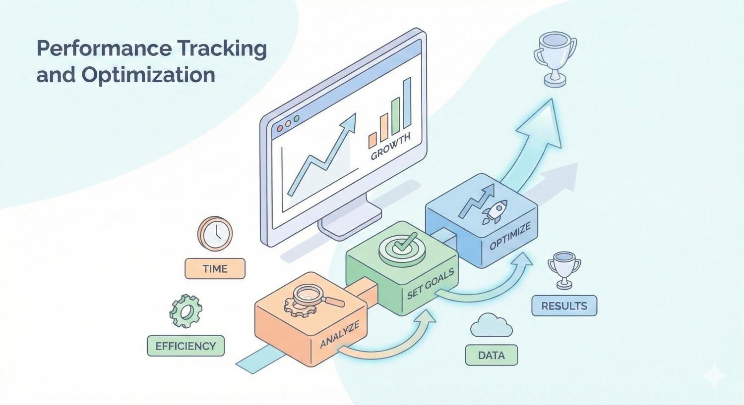An illustrated graphic titled “Performance Tracking and Optimization” shows a monitor with rising growth charts connected to blocks labeled analyze, set goals, and optimize, surrounded by icons for time, efficiency, data, results, and trophies, with arrows indicating a continuous improvement cycle.