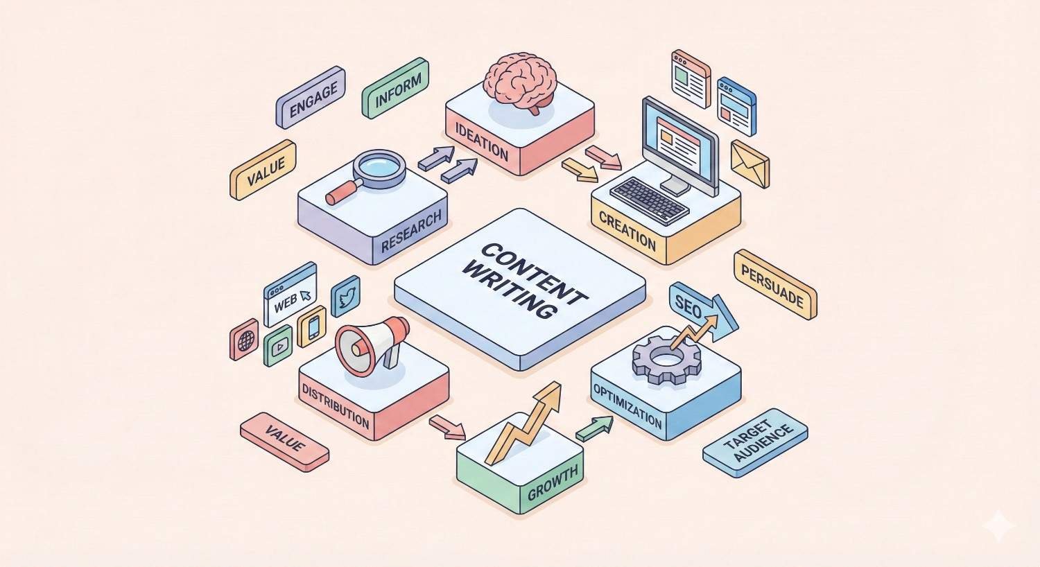 Infographic centered on “Content Writing,” surrounded by research, ideation, creation, SEO optimization, distribution, and growth, with labels like engage, inform, persuade, and target audience, illustrated using colorful blocks, icons, arrows, and a rising chart.