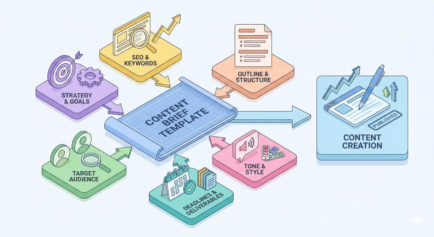 An illustrated content brief template diagram shows strategy and goals, SEO and keywords, target audience, tone and style, deadlines, and outline feeding into a central brief, which then leads to published content creation with charts, icons, and arrows connecting each stage.
