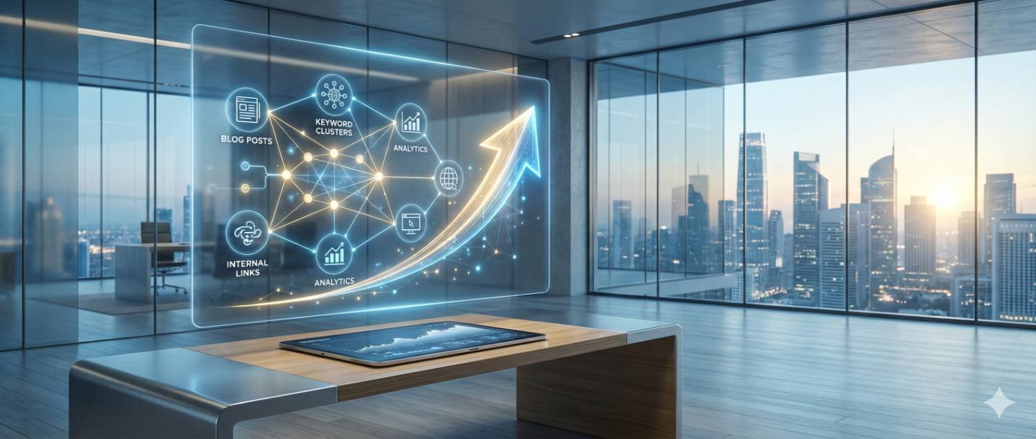 Futuristic office with floor-to-ceiling windows and a city skyline, featuring a desk and holographic display showing SEO networks, keyword clusters, blog posts, analytics icons, and a glowing upward arrow representing digital growth and performance.