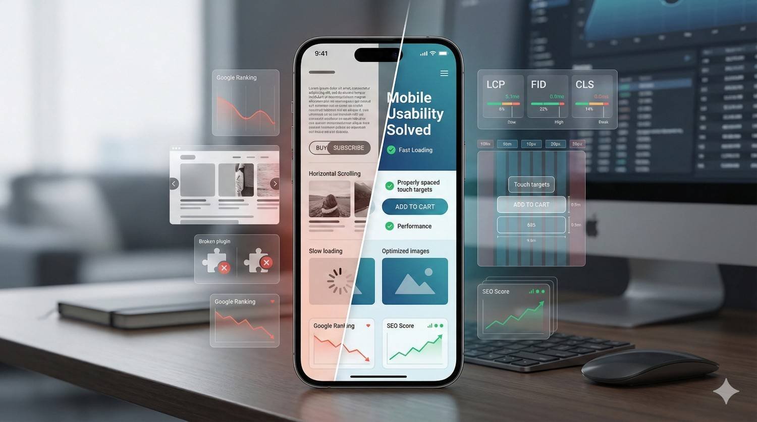 A smartphone on a desk displays a mobile optimization interface split into “before” and “after” views. Floating UI panels show SEO metrics like LCP, FID, CLS, Google ranking graphs, touch targets, and performance improvements. A desktop monitor and keyboard sit blurred in the background.