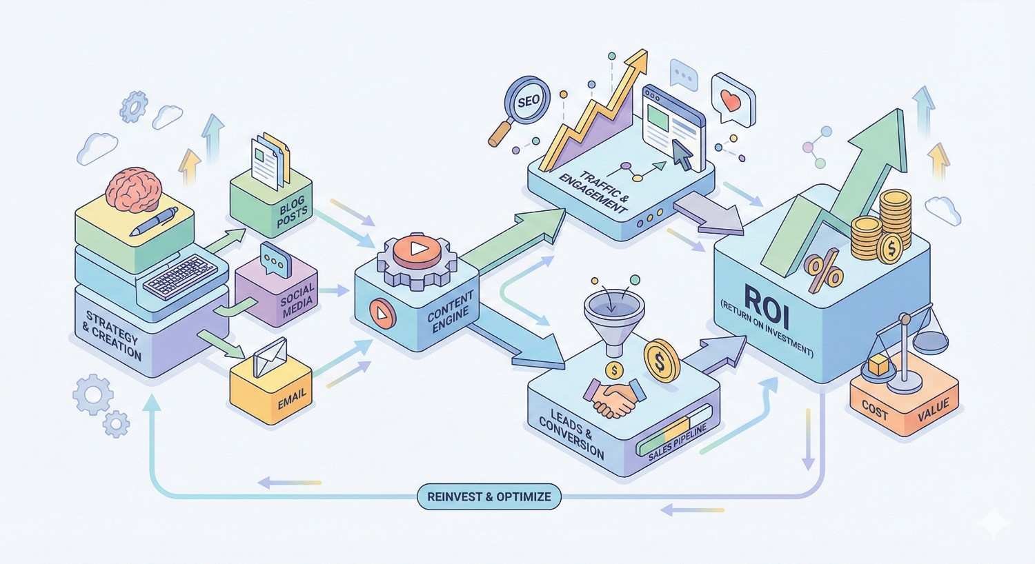 Infographic showing a content marketing loop from strategy and creation through blogs, social, and email into a content engine, driving traffic, engagement, leads, conversions, ROI, and reinvestment, with arrows, charts, coins, and SEO icons illustrating growth.
