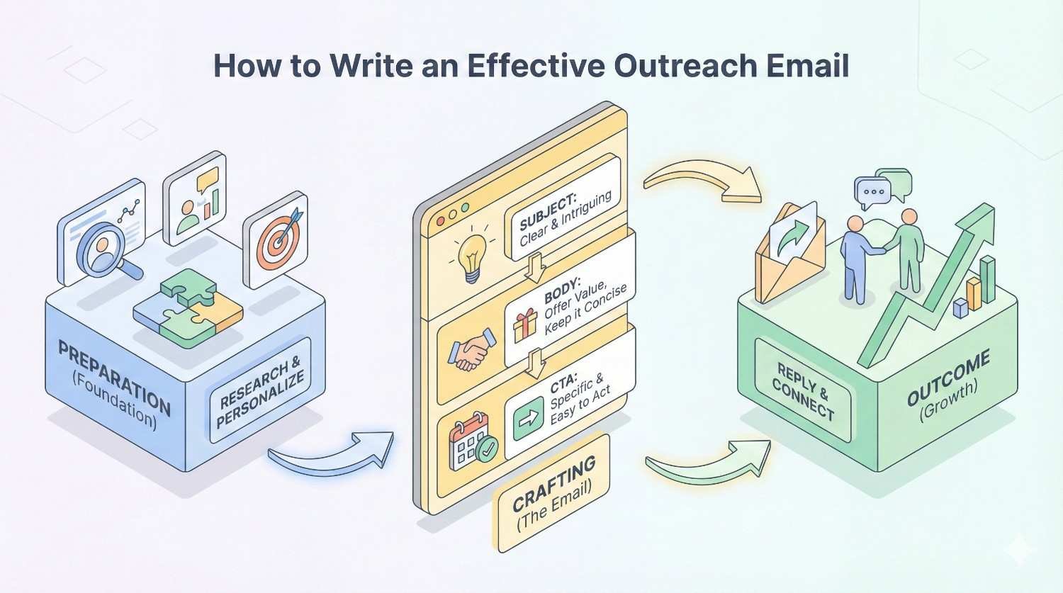 Infographic titled “How to Write an Effective Outreach Email,” showing preparation and research, crafting subject, body, and call to action, then reply and connect leading to growth, illustrated with icons, arrows, charts, and people communicating.