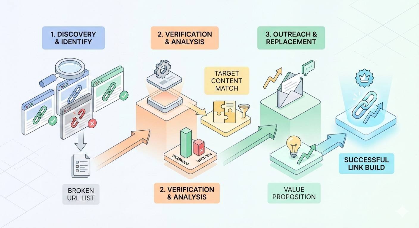 Infographic outlining broken link building steps: discovery and identification of broken URLs, verification and analysis with target content matching, then outreach and replacement. Includes value proposition and ends with a successful link build, shown by a highlighted chain link icon.