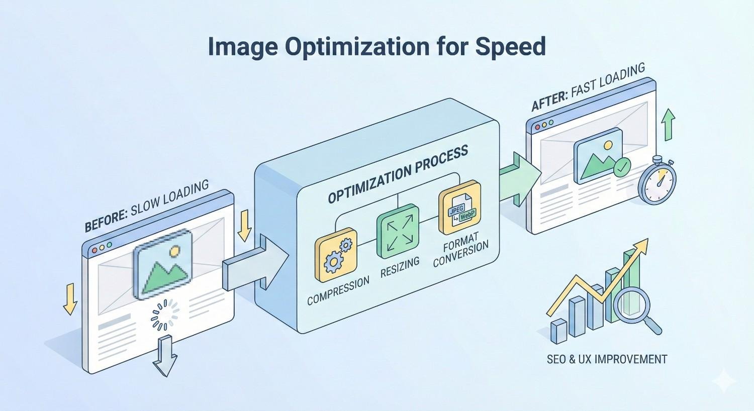 Infographic titled “Image Optimization for Speed” showing slow-loading webpage before optimization and fast-loading page after. Central process includes compression, resizing, and format conversion. Highlights improved SEO, user experience, and performance through optimized images.
